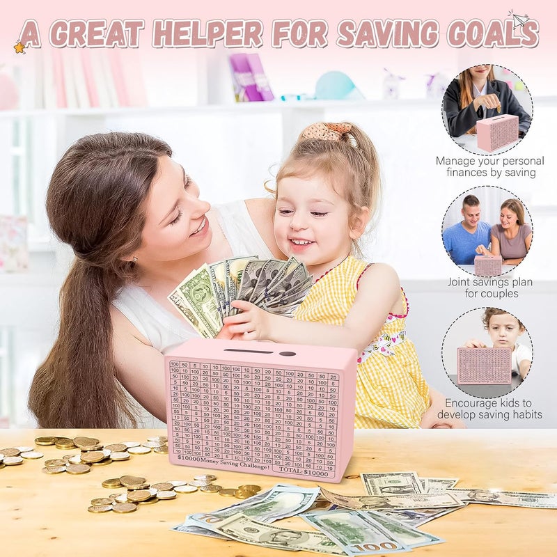 Gomyrod Wooden Money Saving Box, Cash Vault Savings Box for $10000 $5000 $3000 $1000 $800 $500 Target Money Saving Challenge, Reusable Money Box with Counter, Dry Erase Pen/Savings Trackers/Rubber Band-Pink - Image 4